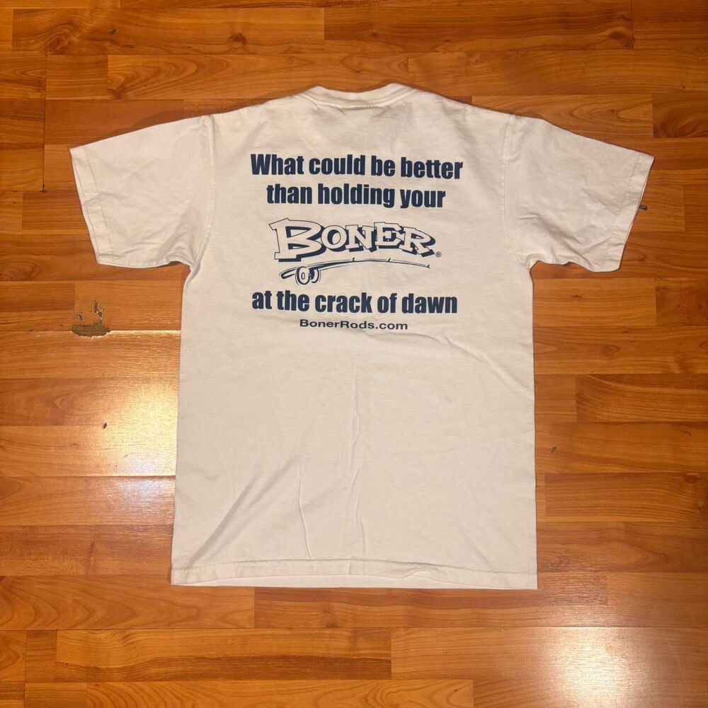 Vintage Boner Rods White Tee Funny Fishing Joke Shirt Size S Streetwear